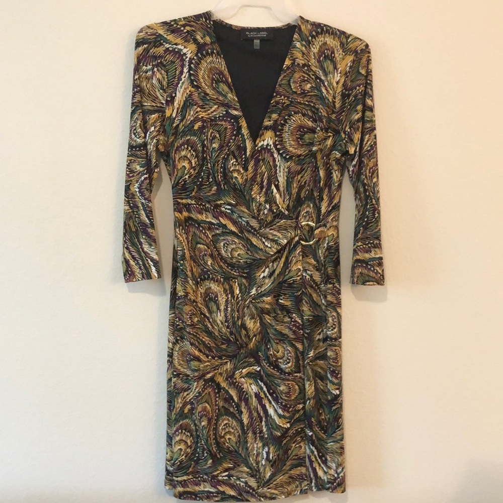 Black Label Evan-Picone Tan and Green Dress with Plunge Neckline